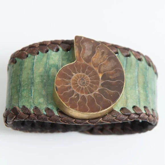 Starborn Ammonite Leather Cuff Bracelet Adjustable Statement Green Brown - Picture 6 of 11